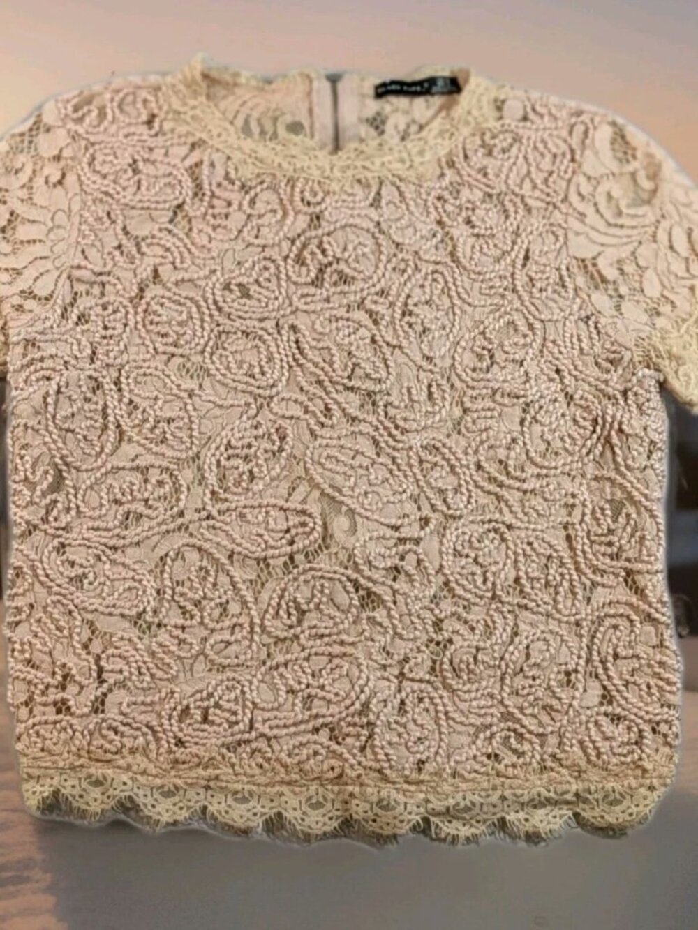 Black Tape Women's Blush Twine Lace Short Sleeve Zip Up Blouse Size Small